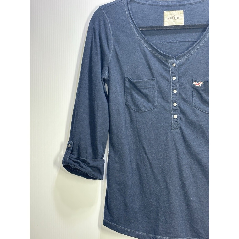 Hollister Y2K V Neck Henley Shirt Navy Blue 3/4 Sleeve Elena Gilbert Bella Swan - Picture 2 of 6